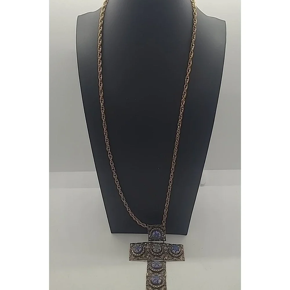 Vintage Hobe Necklace Gold Tone Filigree Enamel Articulated Large Cross RARE